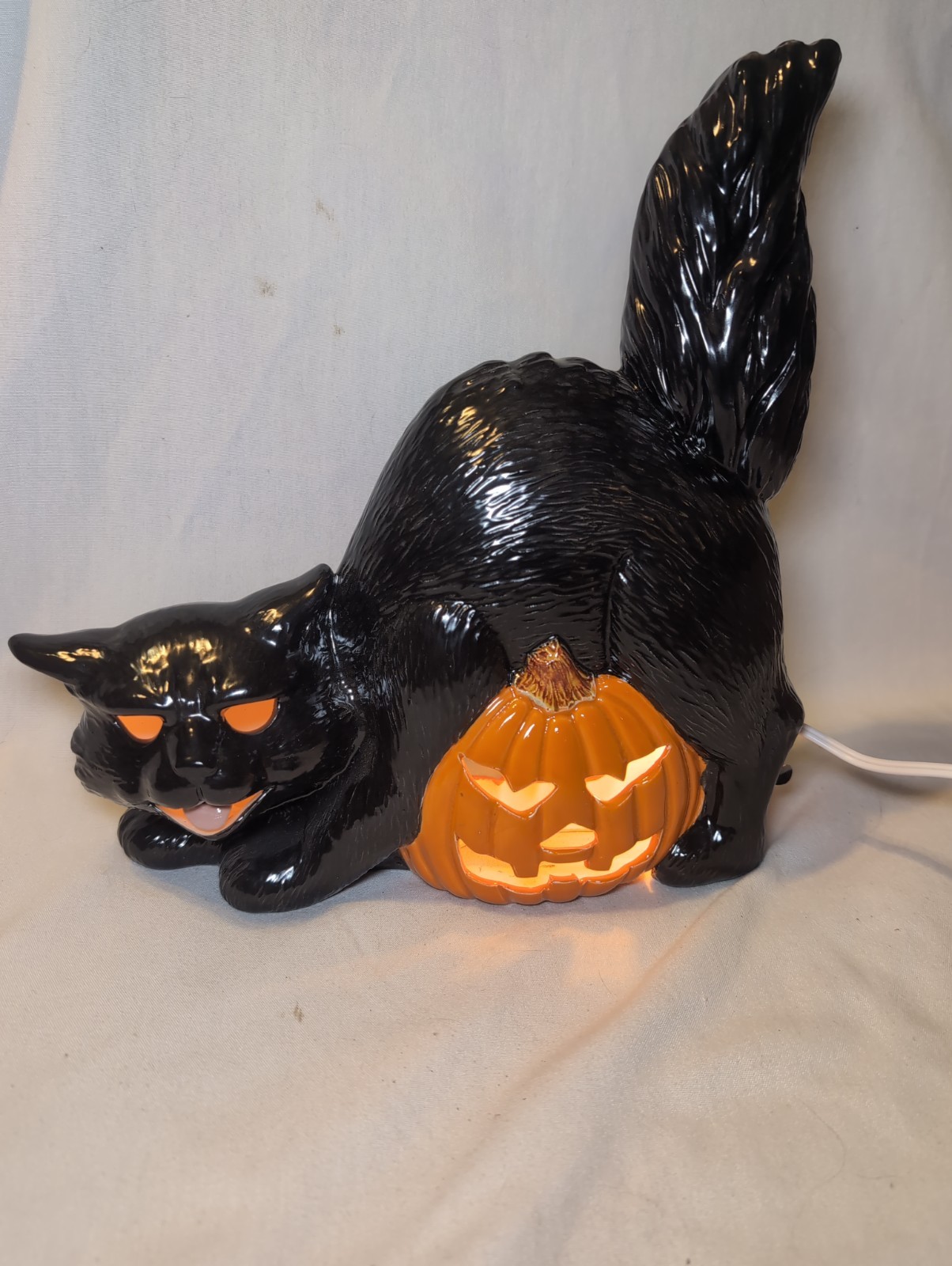 Vtg 80s Ceramic Halloween Black Cat Jack O Lantern TV Iamp Light Table Decor 11