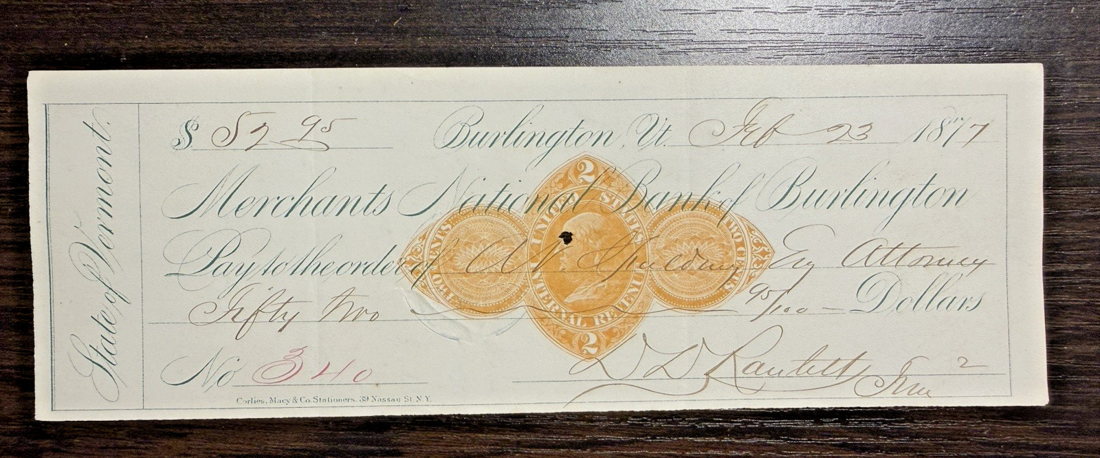1877 Check Merchants National Bank Burlington STATE OF VERMONT w IRS Vignette 1877 Check Merchants National Bank Burlington STATE OF VERMONT w IRS Vignette