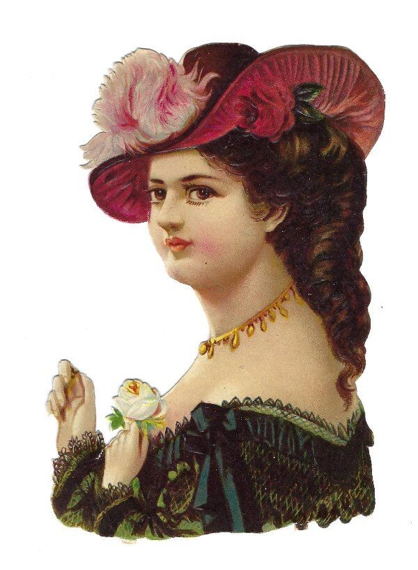 VICTORIAN LADY, PORTRAIT, RUBY HAT, JEWELRY, Antique Die-Cut Scrap, 4-3/4\