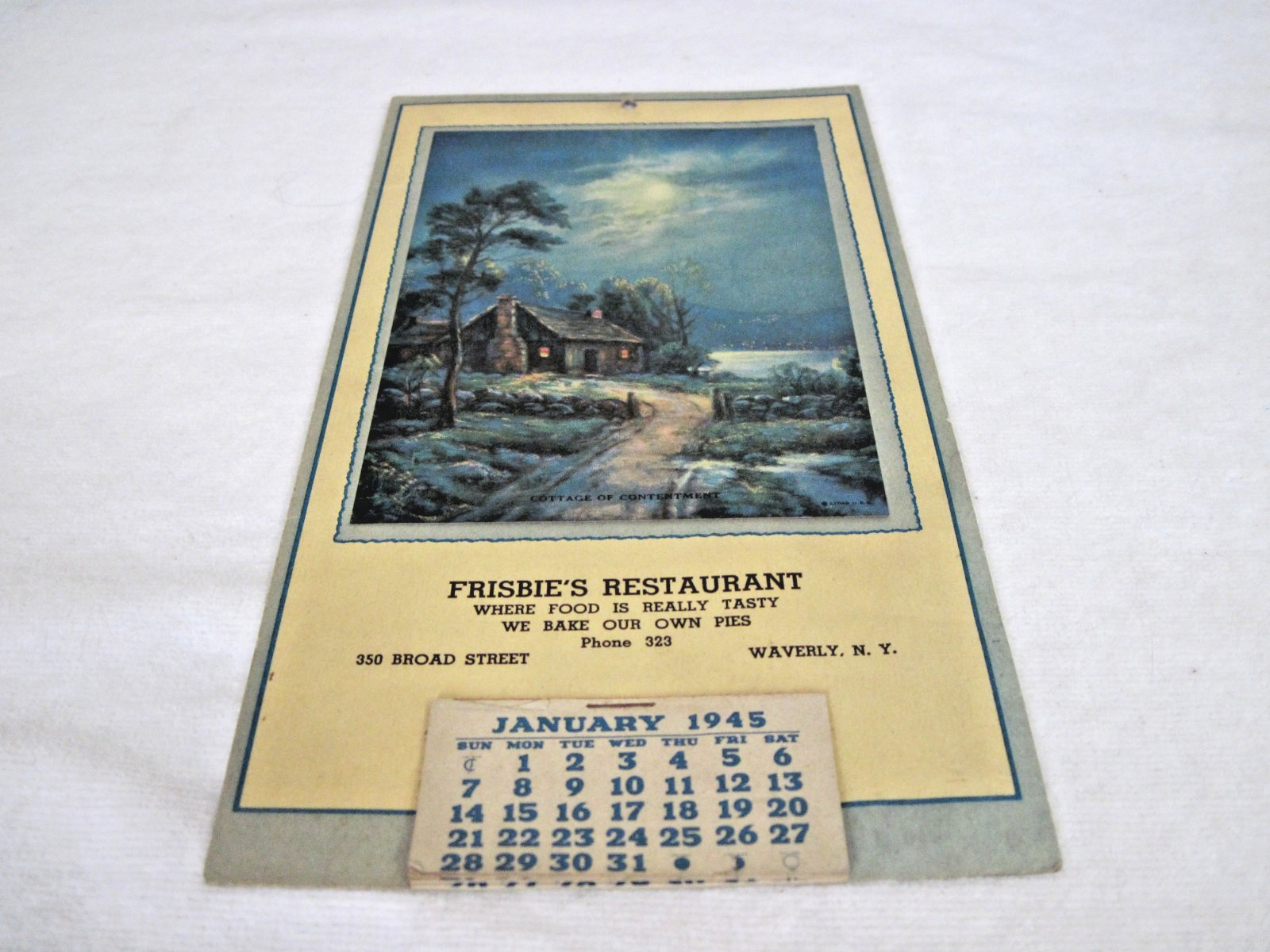 Vtg 1940s Wall Calendar 1945 Frisbie\'s Restaurant Waverly NY  WWII Era Excellent