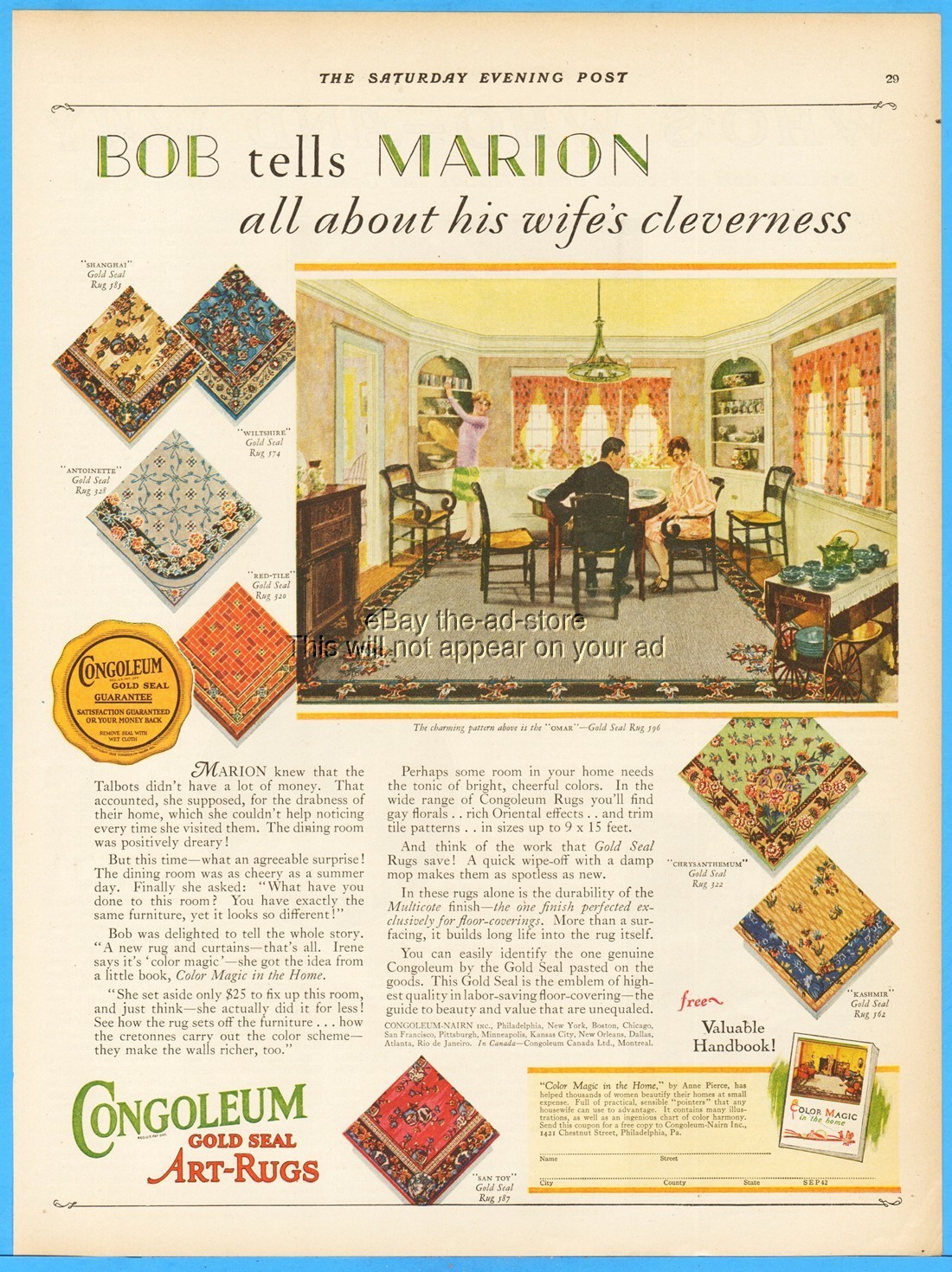 1927 Congoleum Art-Rugs Flooring Bob Tells Marion Vintage 20\'s Ephemera Print Ad
