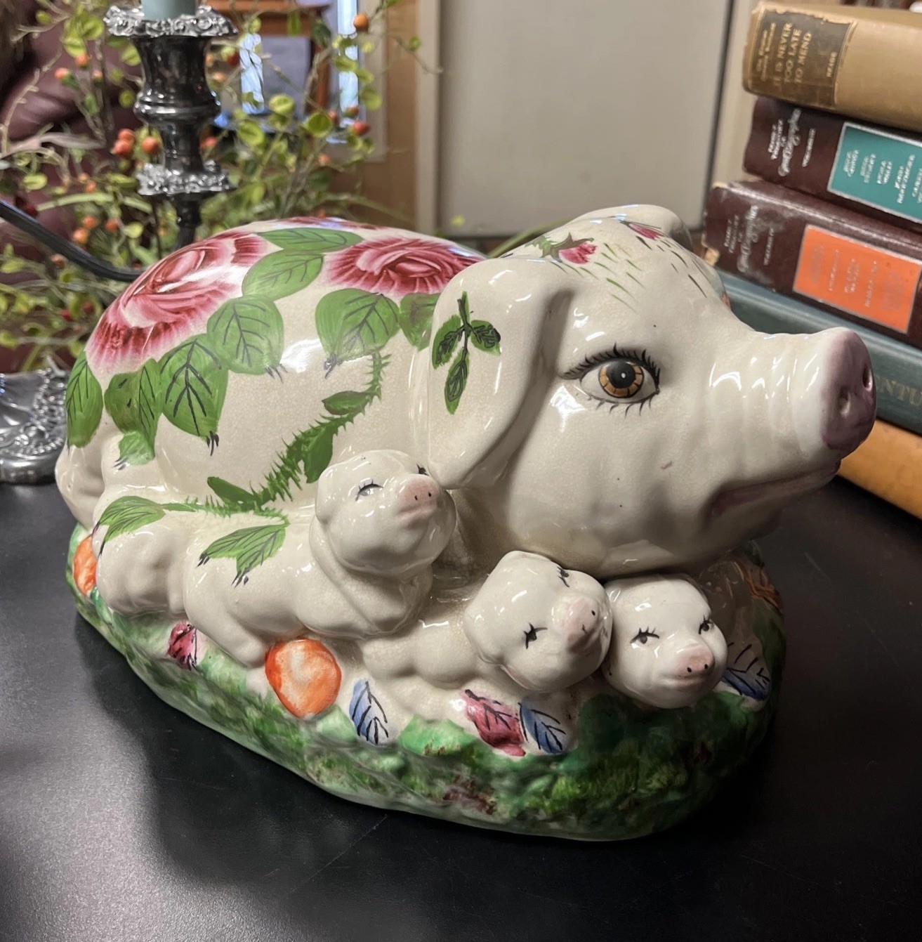 Vtg Italian Style Majolica Mother Pig Rosie and Piglets Large Figurine 10.75\