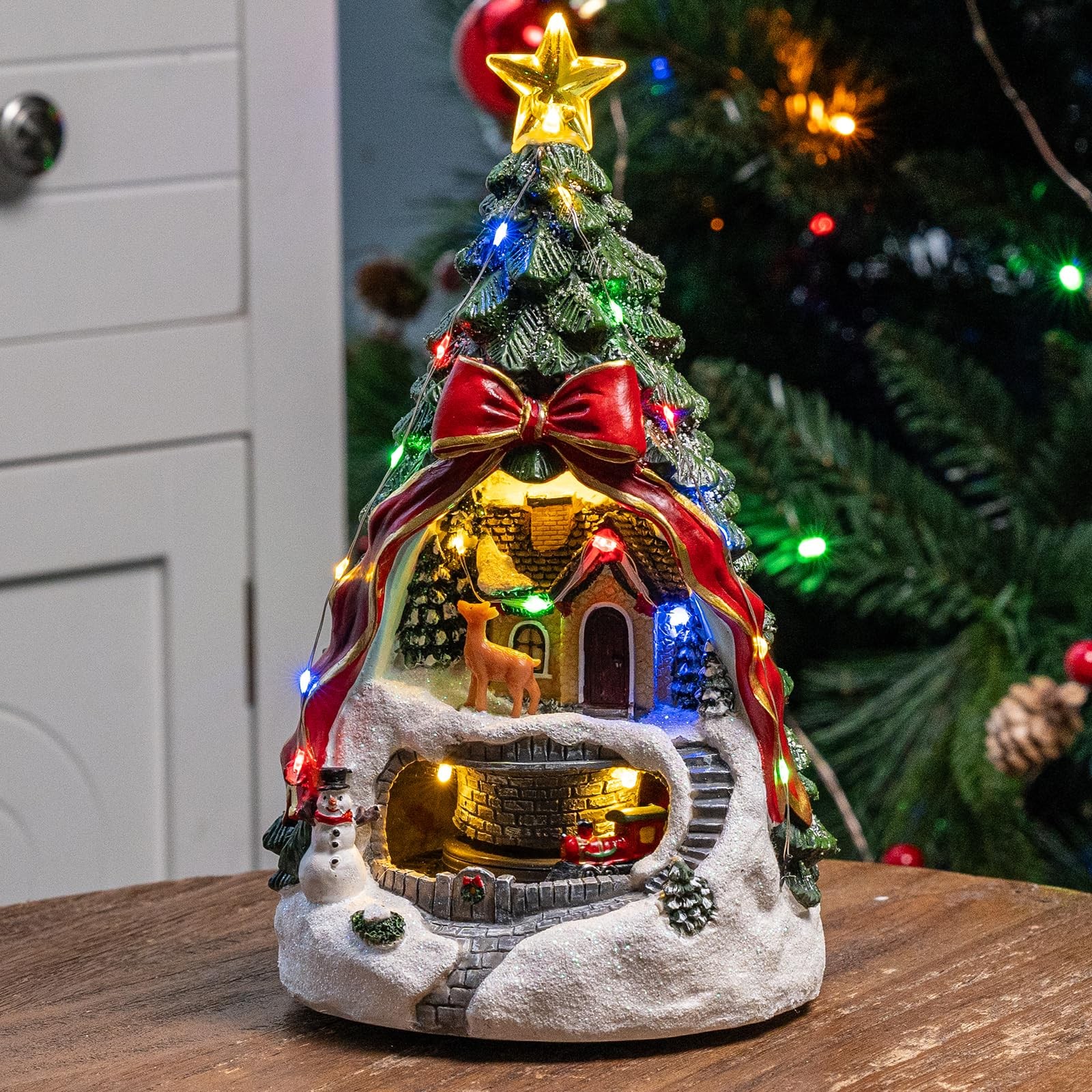 Animated Musical Christmas Tree Village – Lighted Figurine with Spinning Santa T