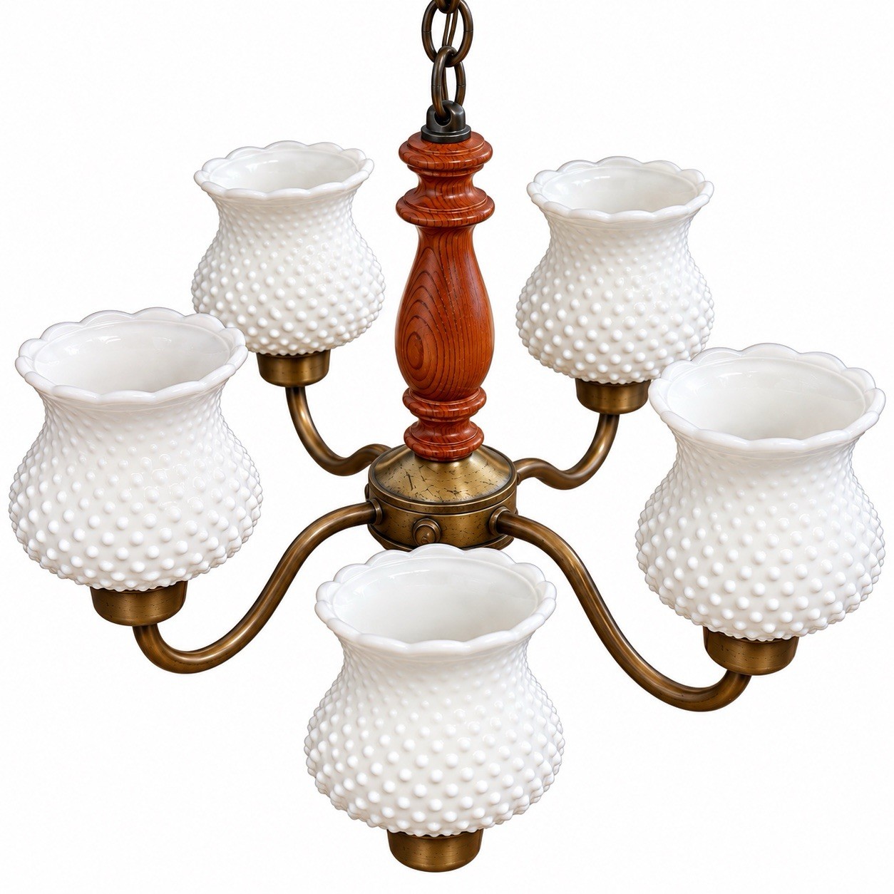 Vintage MCM 5 Light Hobnail Milk Glass Chandelier Del-Val Mfg Brass Wood Column