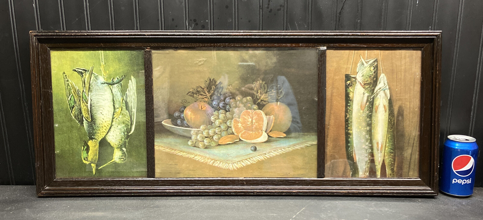 Vtg 20-30’s? Fish Duck Hunting Cabin Deco Grapes Orange Fruit Picture Wood Frame