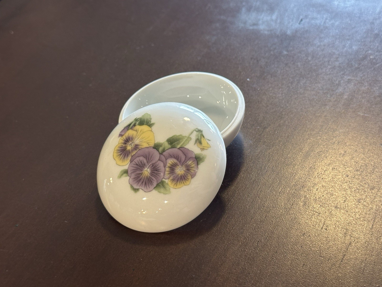 Porcelain Pansy Flower Trinket Box Round Purple Yellow Floral Made in China