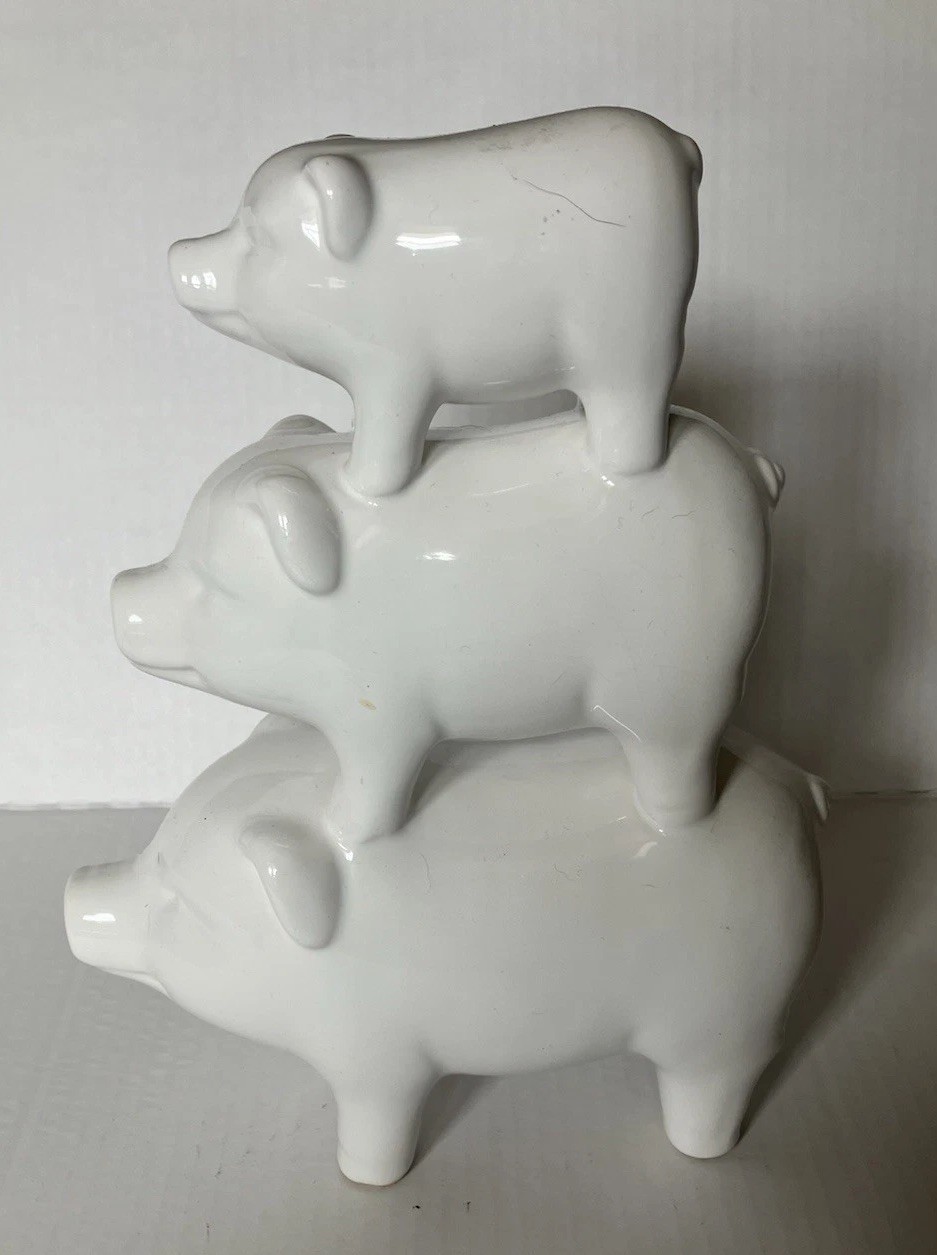 White Ceramic Three Stacked Pigs Figurine 10 X 8 Inches Country Farmhouse Style