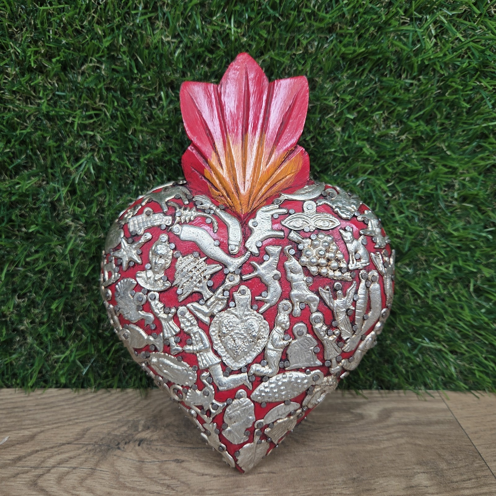 Joaquin Garnica Signed Mexican Milagro Sacred Heart Folk Art Wood Carving
