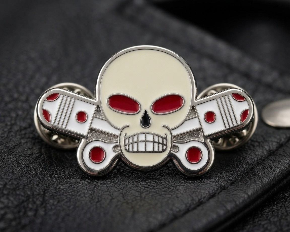 Skull with Pistons Enamel Metal Pin Biker Motorcycle Jacket Vest Lapel Badge