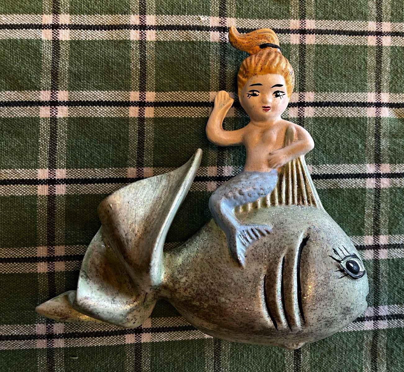 Vintage 1960s Arnels Ceramic Mermaid Riding Fish Plaque Wall Decor 