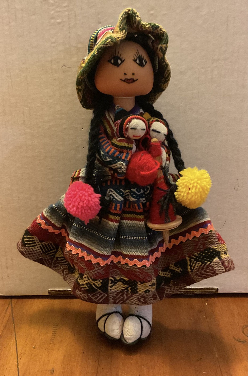 Vintage Peru Andean Folk Art Textile Doll Mother w/ 2 Babies Handmade 11\