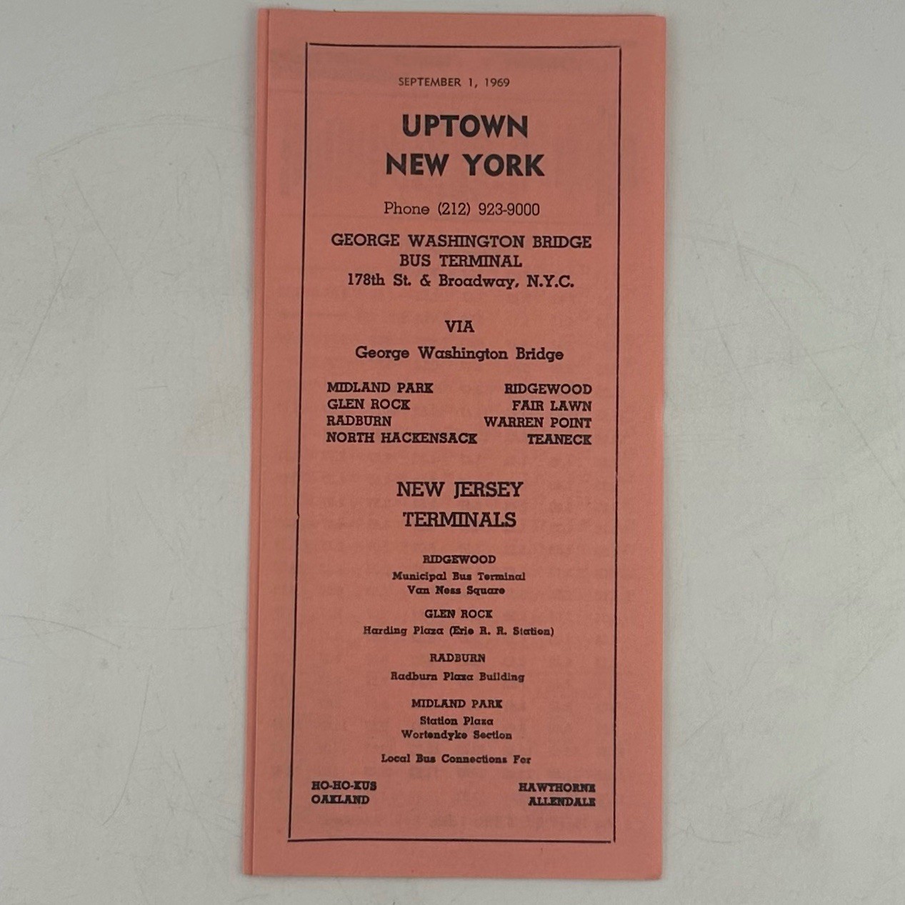 1969 Inter-City Transportation Bus Timetable Route 41 Ridgewood NJ NYC GWB