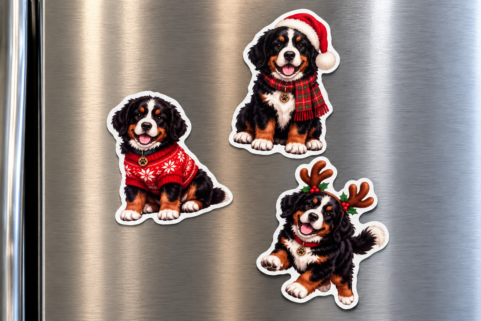 3 Christmas Bernese Mountain Dog Fridge Magnets Puppy Holiday Refrigerator Decor
