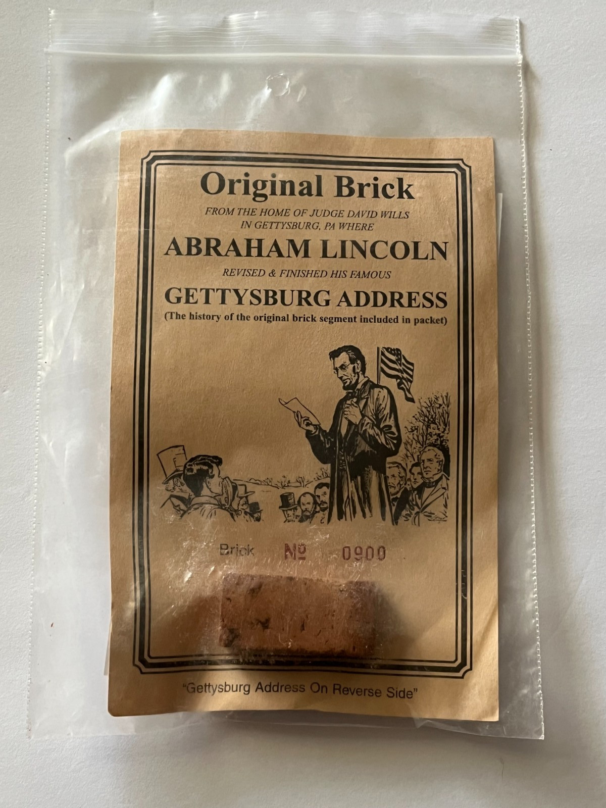GETTYSBURG SOUVENIR * BRICK FROM THE DAVID WILLS HOUSE * LINCOLN'S ADDRESS GETTYSBURG SOUVENIR * BRICK FROM THE DAVID WILLS HOUSE * LINCOLN'S ADDRESS
