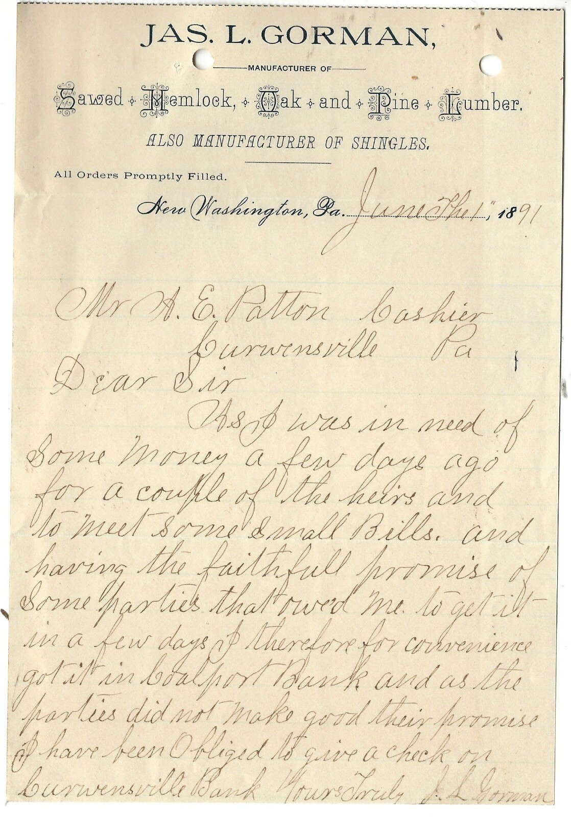 1891, Jas. L. Gorman, Lumber, New Washington, Pennsylvania, Coalport Bank Memo
