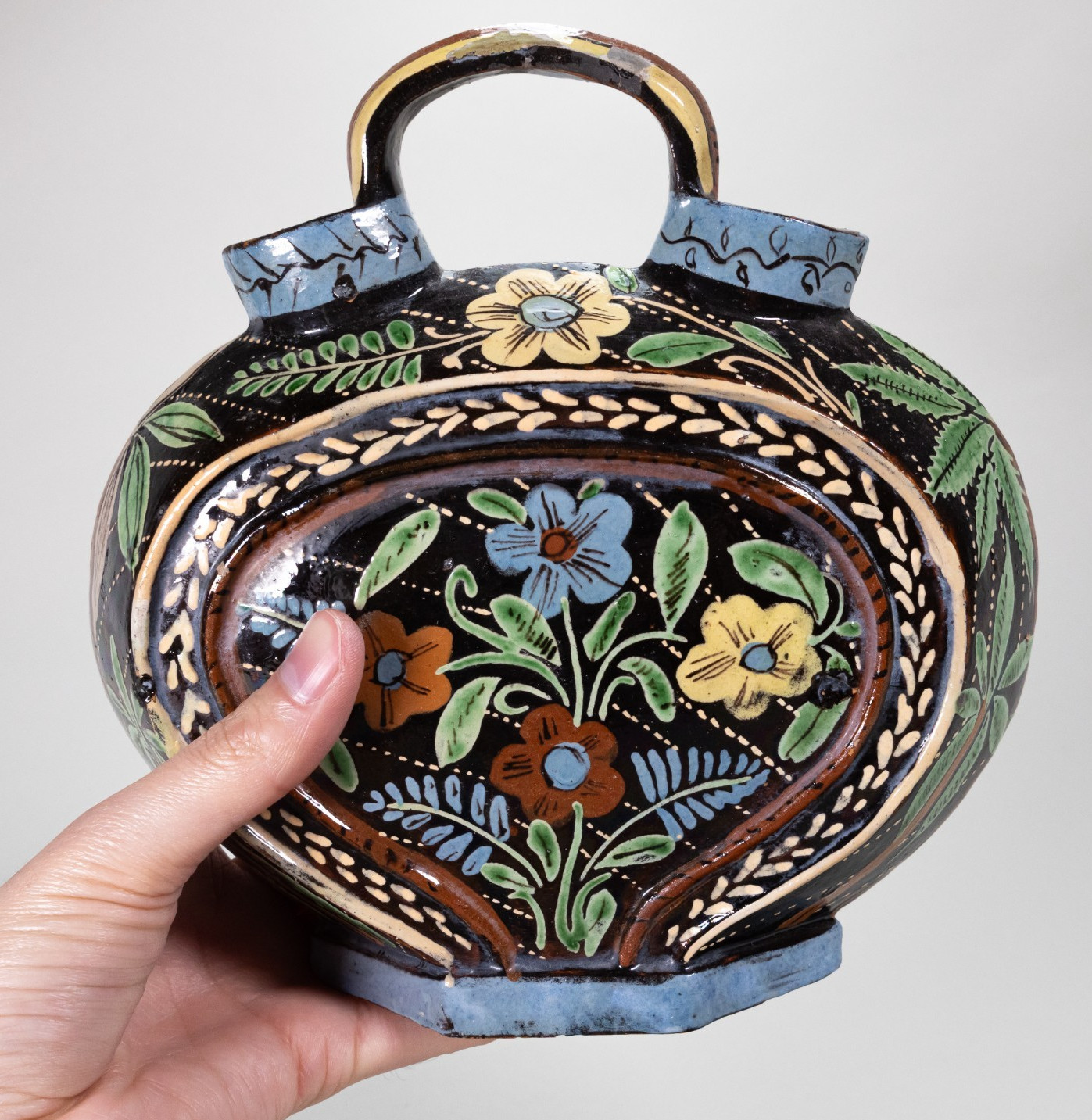 C.1920/30s Tlaquepaque Mexican Double Spouted Wedding Vessel, Rare Colors