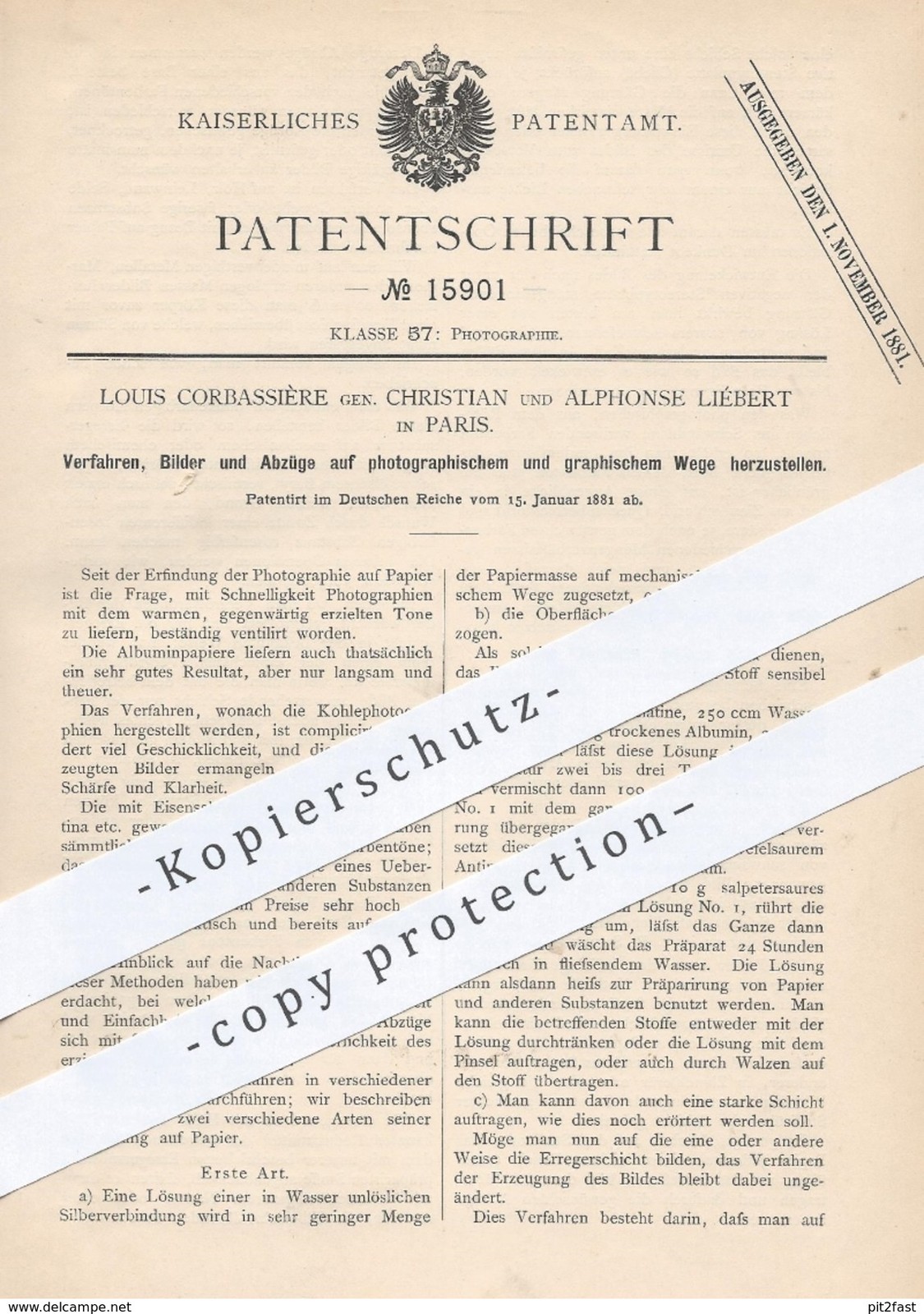 Original Patent - Louis Corbassière Gen. Ch. and Alphonse Liébert, Paris, 1881 Original Patent - Louis Corbassière Gen. Ch. and Alphonse Liébert, Paris, 1881
