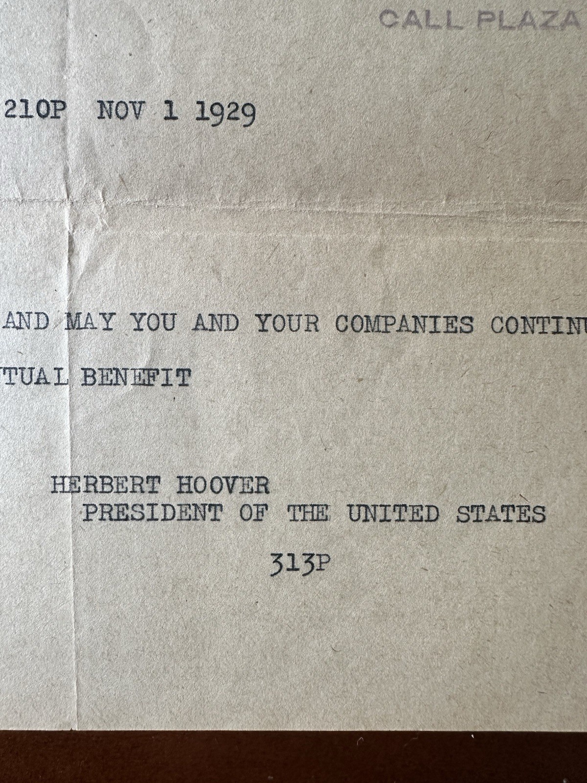1929 President HERBERT HOOVER Western Union Telegram Signed President of the US 1929 President HERBERT HOOVER Western Union Telegram Signed President of the US