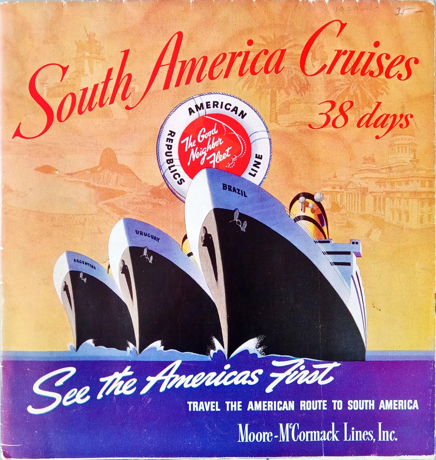 Moore-McCormack Lines S.S. BRAZIL ARGENTINA URUGWAY 1939 Worlds Fair Stamp Moore-McCormack Lines S.S. BRAZIL ARGENTINA URUGWAY 1939 Worlds Fair Stamp