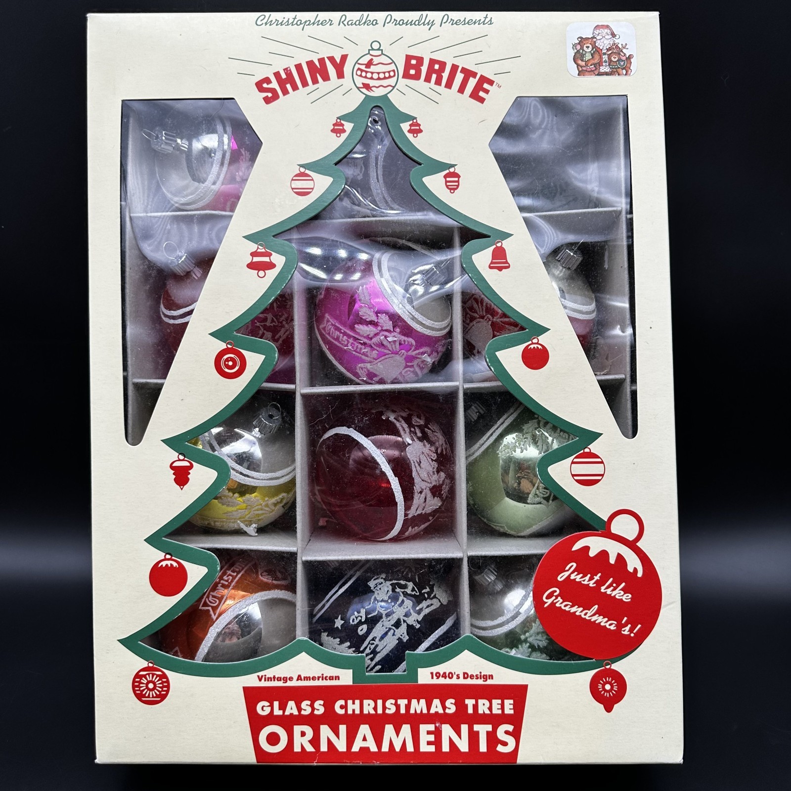 CHRISTOPHER RADKO SHINY BRITE STENCIL ORNAMENT CHRISTMAS GLASS BALLS SET OF 11