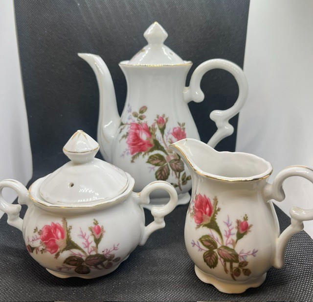 Vintage Mid-Century Moss Rose Porcelain Demitasse Teapot Creamer & Sugar