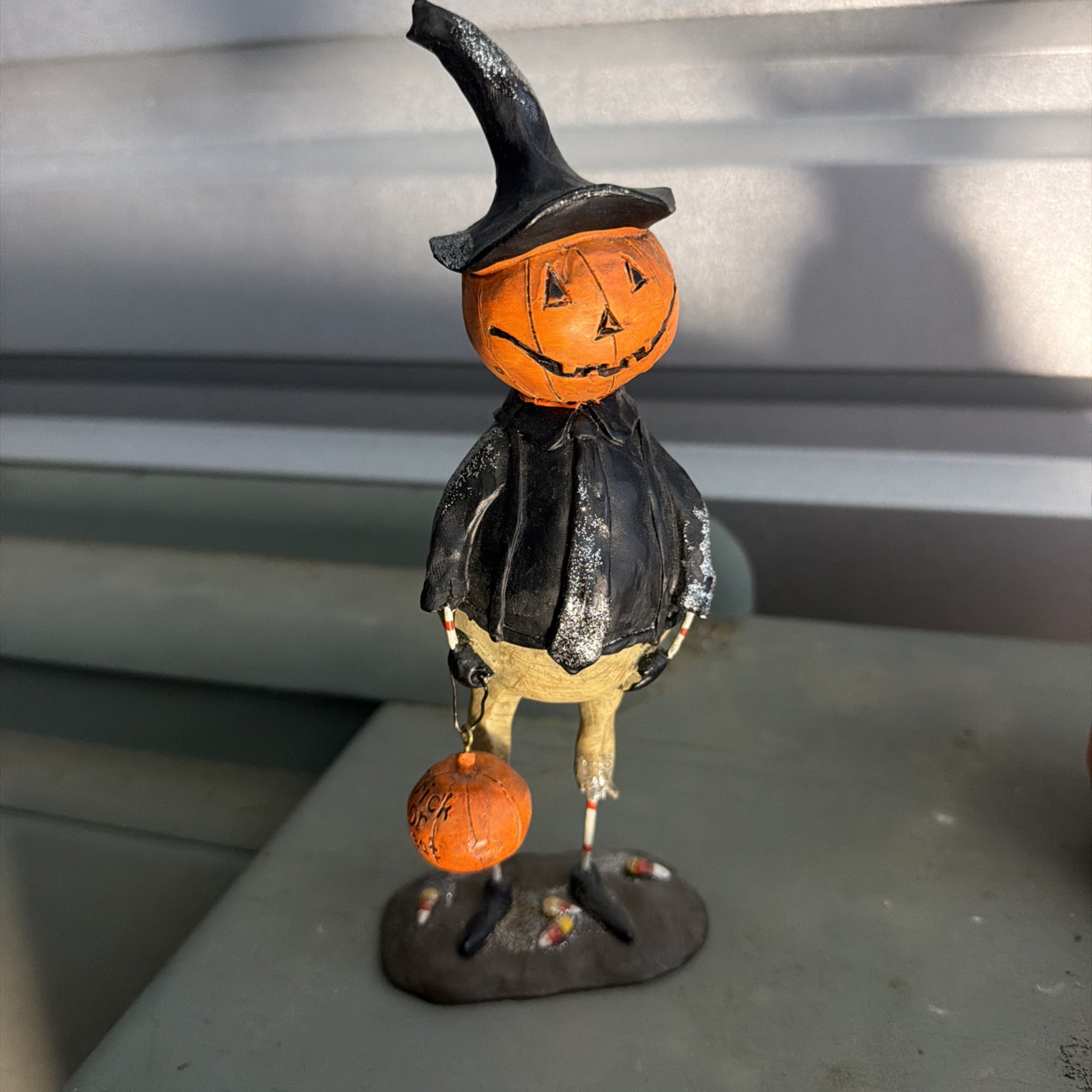 Pumpkin Man Halloween Jack o’Lantern Figurine 9” Trick ‘o Treat Bucket Glitter