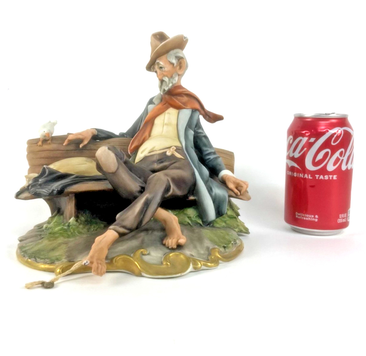Genuine Capodimonte Man on a Bench Figurine  Signed Tramp Hobo Vintage Damaged