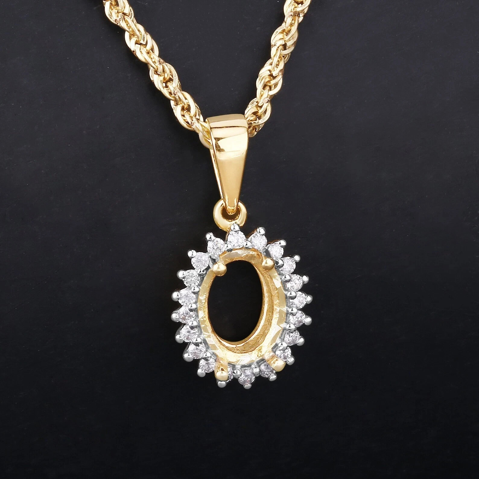 Pendant Hold Oval Setting Semi Mount Diamond Accents In 14k Yellow Gold Plated