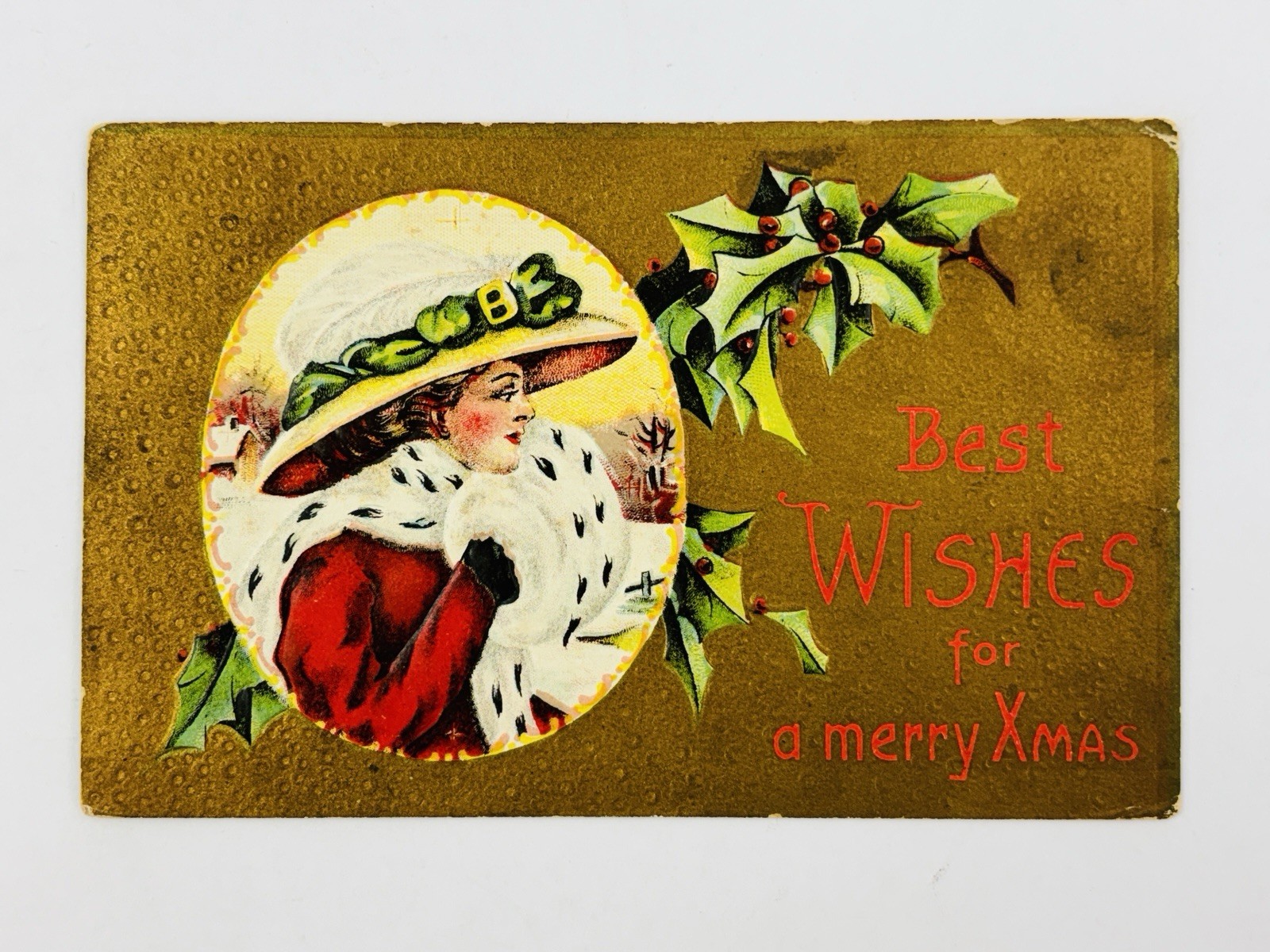 1910s Antique Christmas Postcard Lady Holly Best Wishes Merry Xmas Embossed