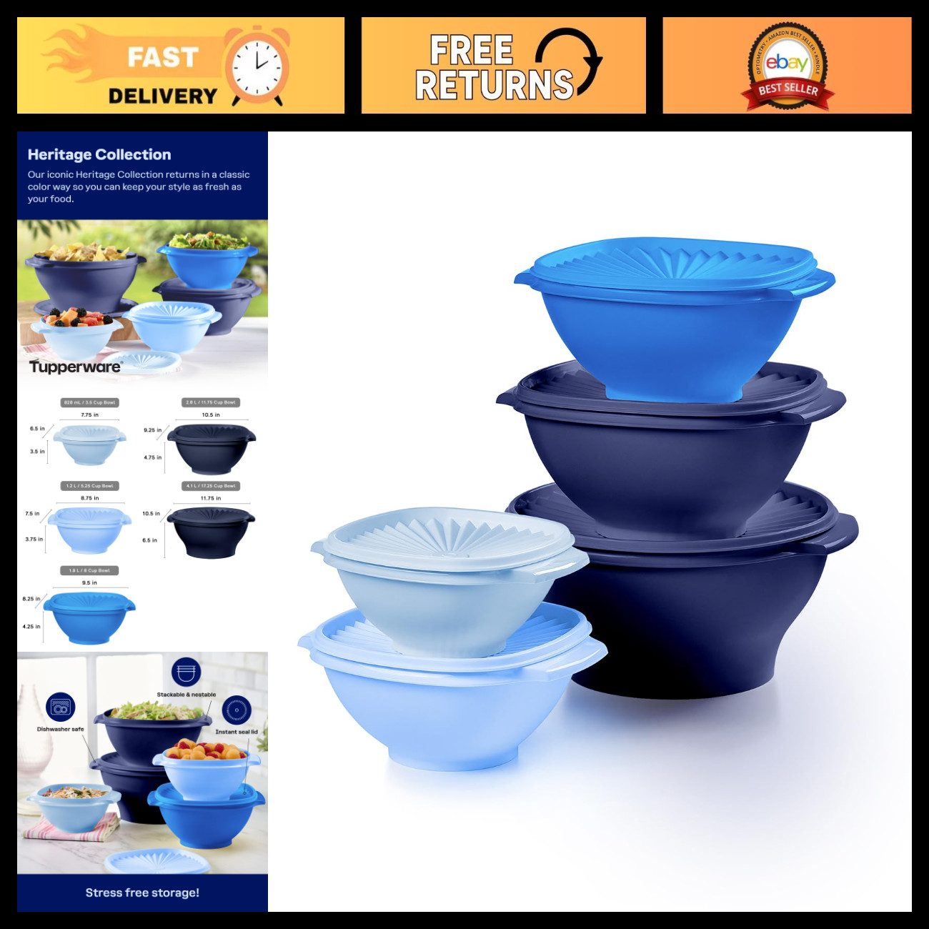 Vintage 10-Piece Blue Food Storage Set - 5 Bowls with Lids, Kitchen Organization Vintage 10-Piece Blue Food Storage Set - 5 Bowls with Lids, Kitchen Organization