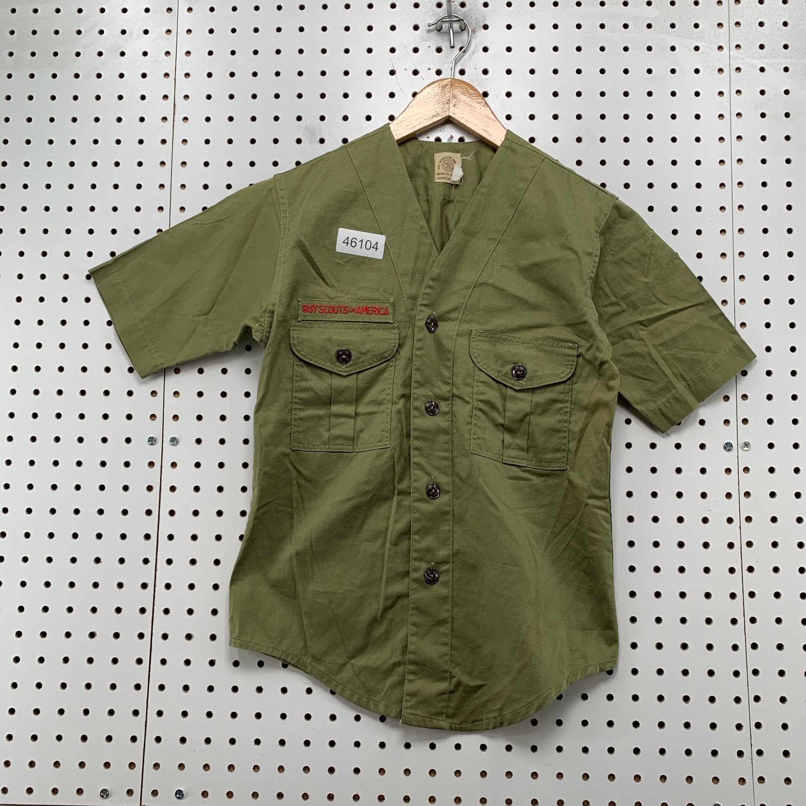 Vintage Boys Scout Of America Button Shirt Boy Medium 50s Olive Green Collarless