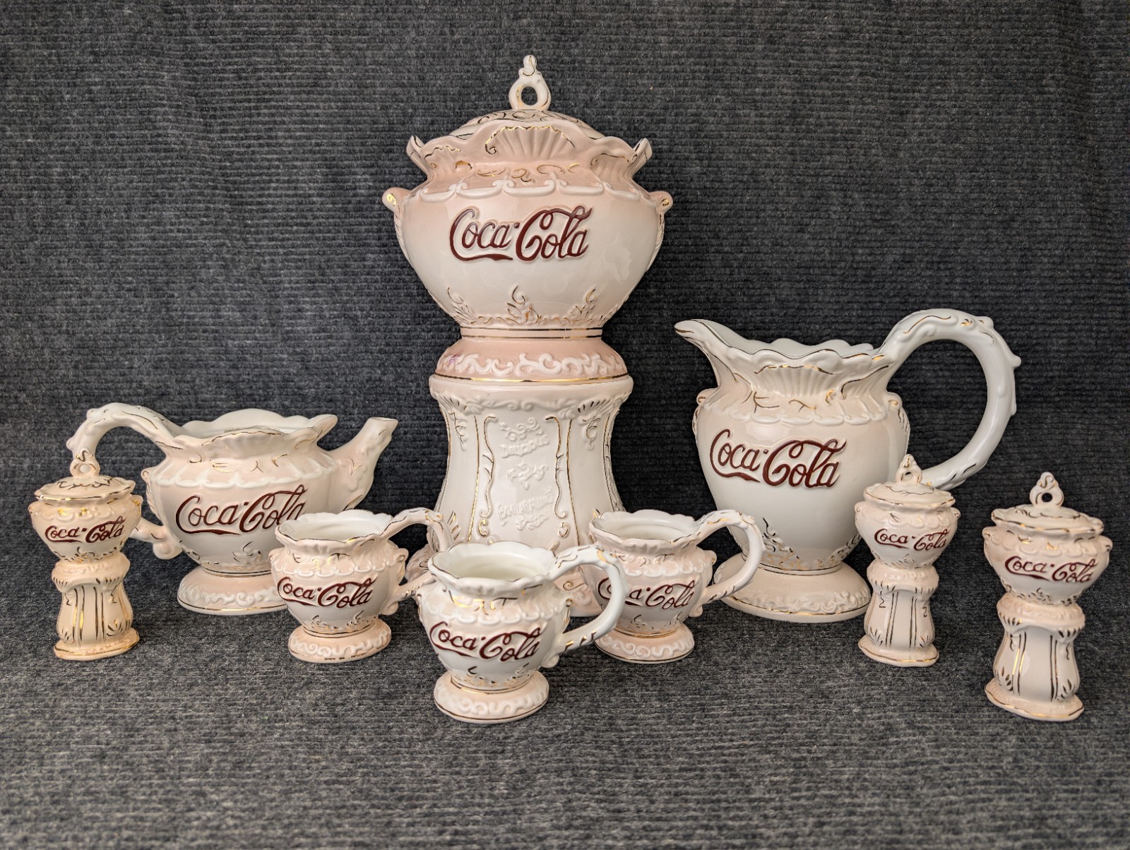 9pc 1998 Coca-Cola Victorian Series Ceramic Tea & Coffee Set Gold Trim 9pc 1998 Coca-Cola Victorian Series Ceramic Tea & Coffee Set Gold Trim
