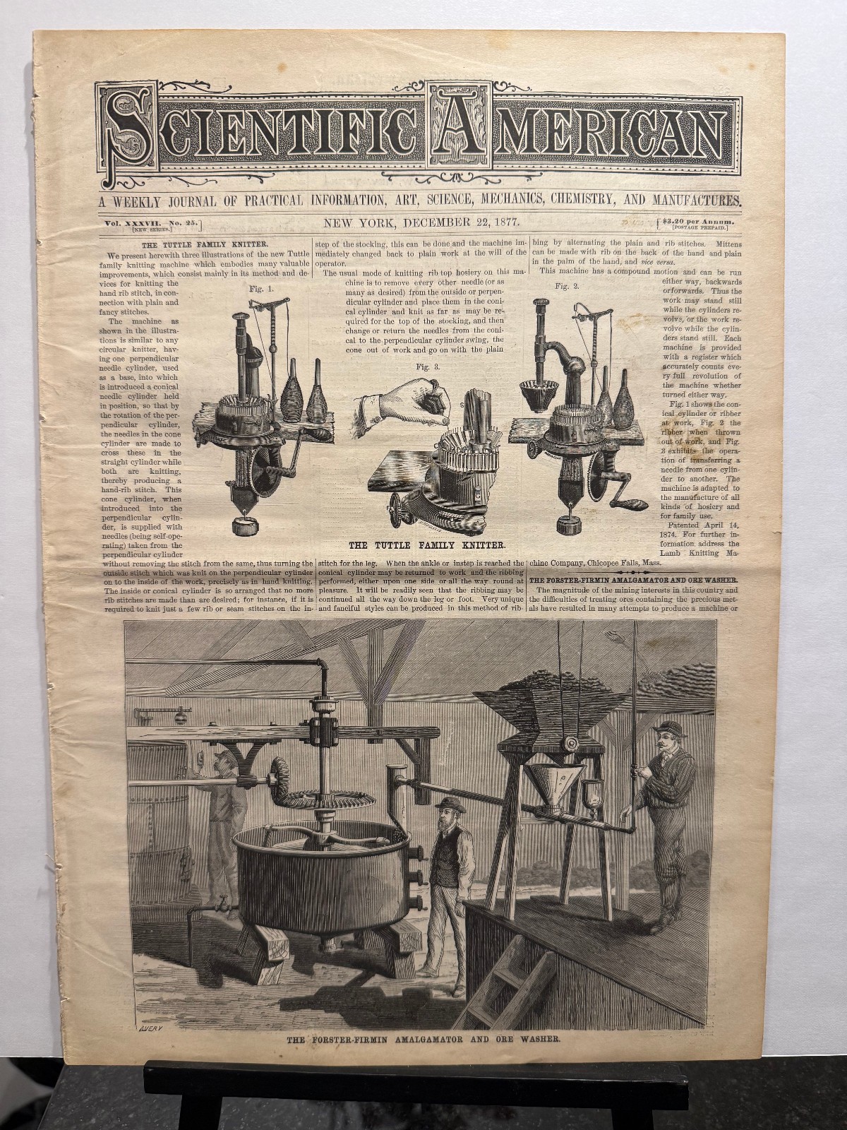 1877 Scientific American Thomas Edison Phonograph First Print Gatling Gun Ad Oil