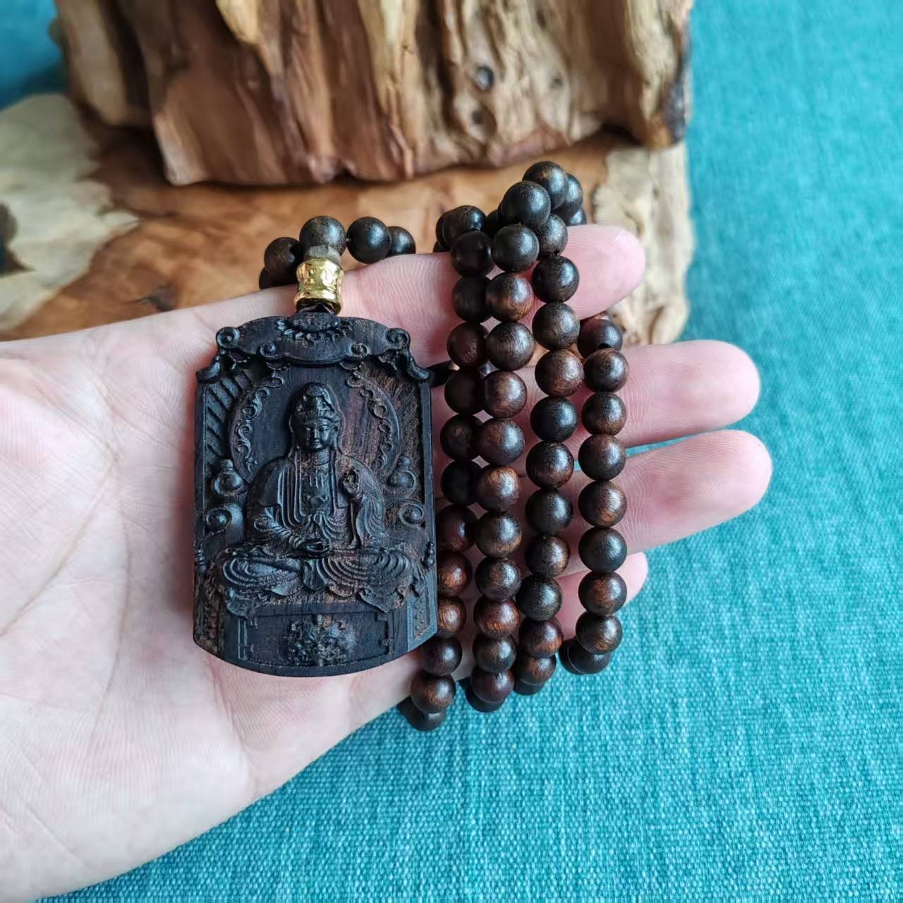108pcs Natural Agarwood Beads Lotus KWAN-YIN Buddhism Blessing Fengshui Necklace