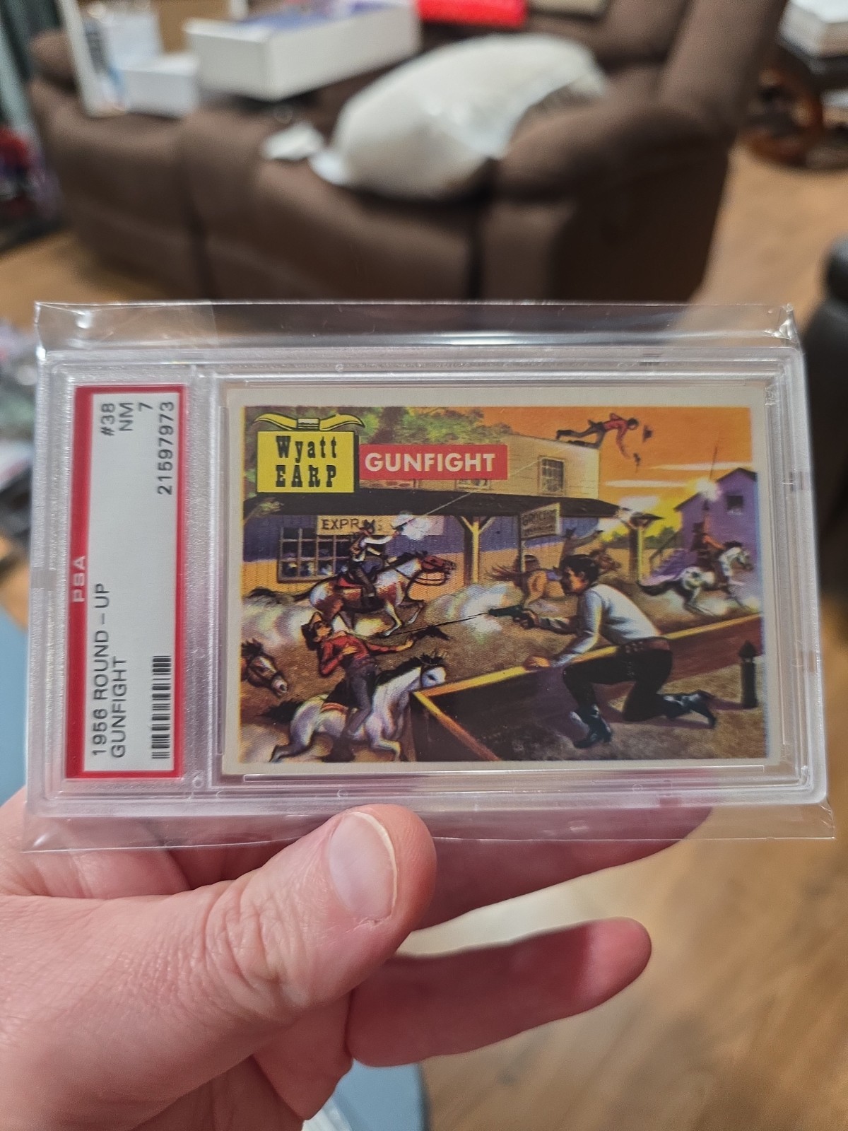 1956 Topps Round Up #38 GUNFIGHT PSA 7 Wyatt Earp 1956 Topps Round Up #38 GUNFIGHT PSA 7 Wyatt Earp
