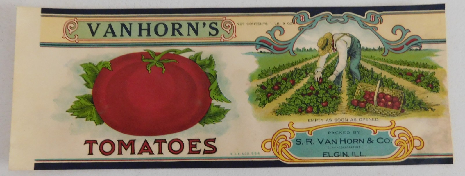 Vintage Van Horn's Tomatoes Can Label Engin,Illinois farmer Picking Tomatoes Vintage Van Horn's Tomatoes Can Label Engin,Illinois farmer Picking Tomatoes