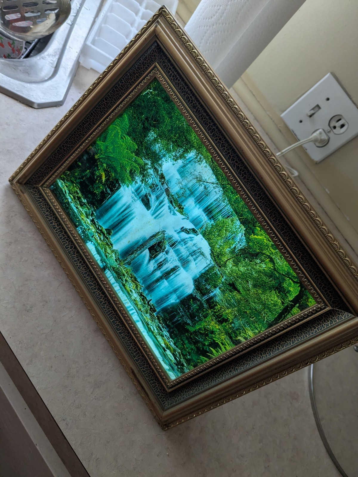 Vintage Framed Waterfall Picture Wall Art Lights Sound Motion 12x10 MCM Works