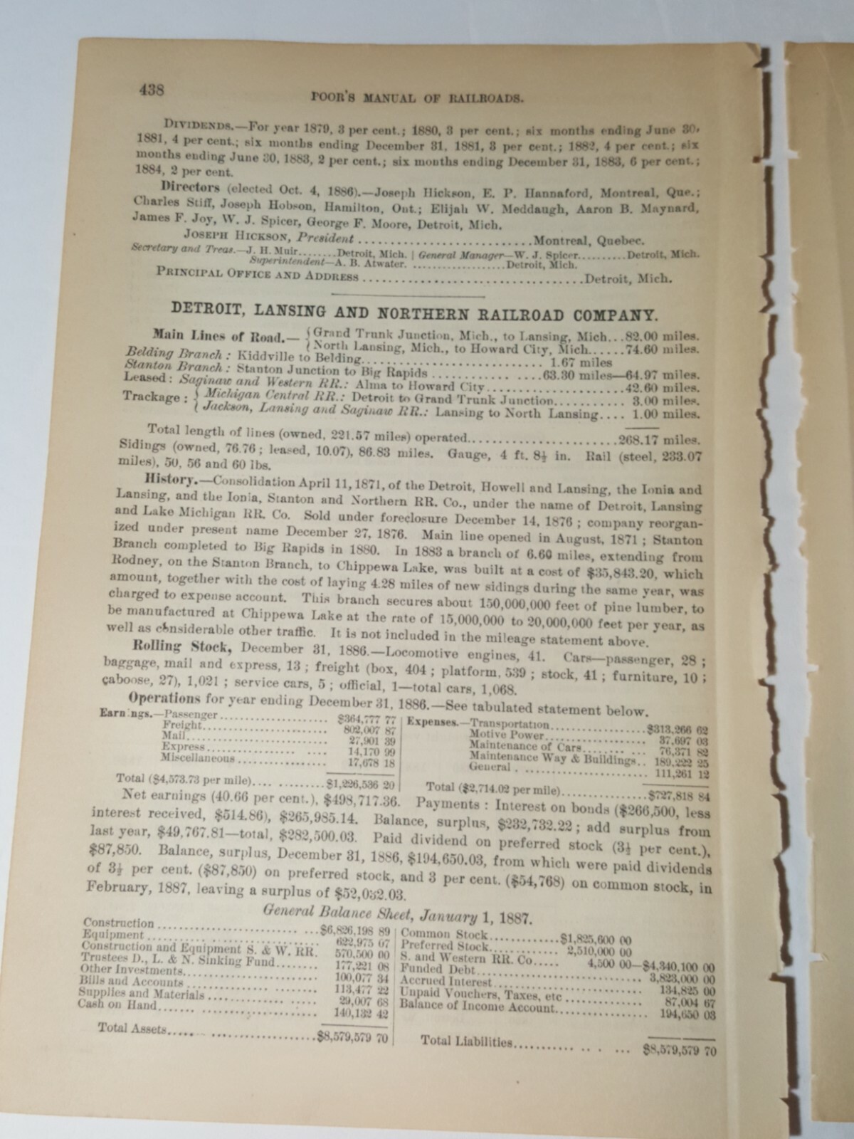 1887 train document DETROIT LANSING & NORTHERN RAILROAD Belding Howard City Mich