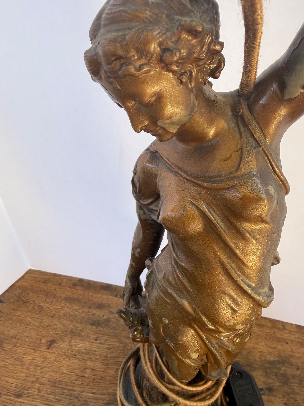 Antique Art Nouveau Figural Woman Torchbearer Table Lamp Bronzed Spelter
