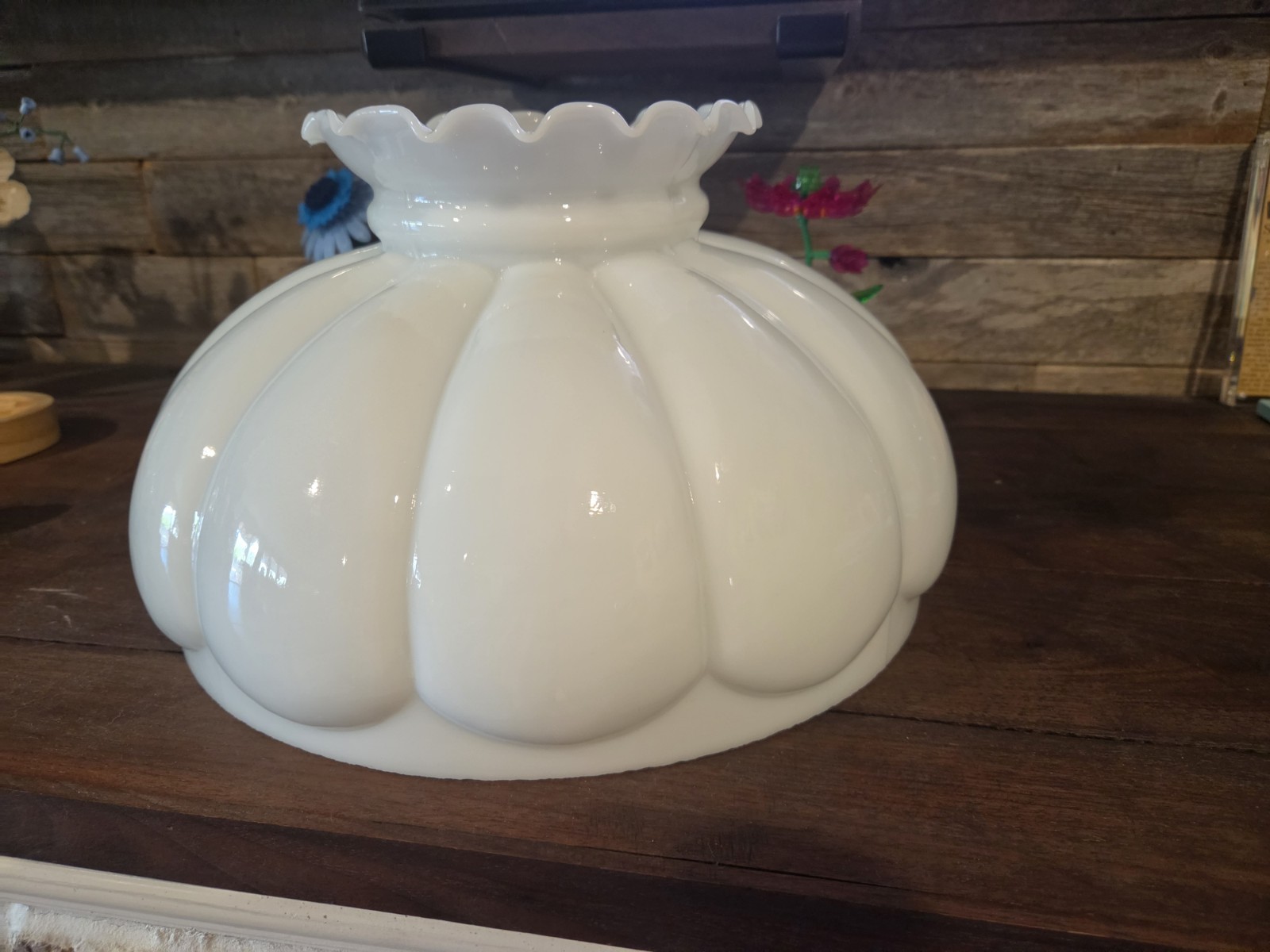 opal white milk glass melon student lamp shade with a crimped, scalloped rim