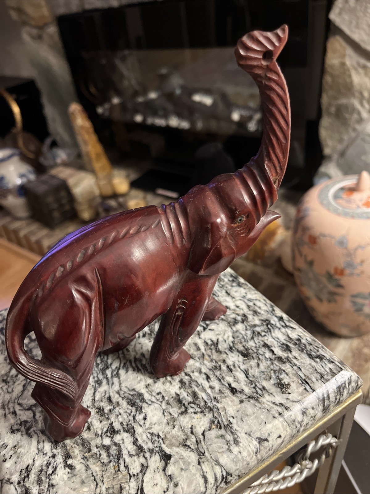 Vintage Master Hand Carved Rosewood Elephant Figurine 6”x6.5”  Safari Decor