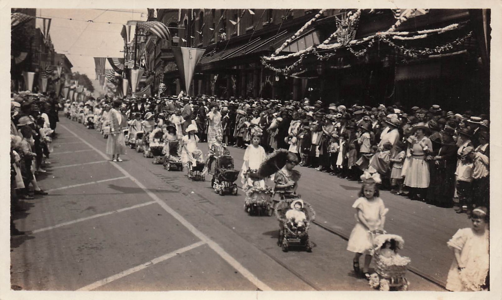 Children Parade Doll Carriages Downtown Street Scene Clarksburg WV Vtg Photo I51