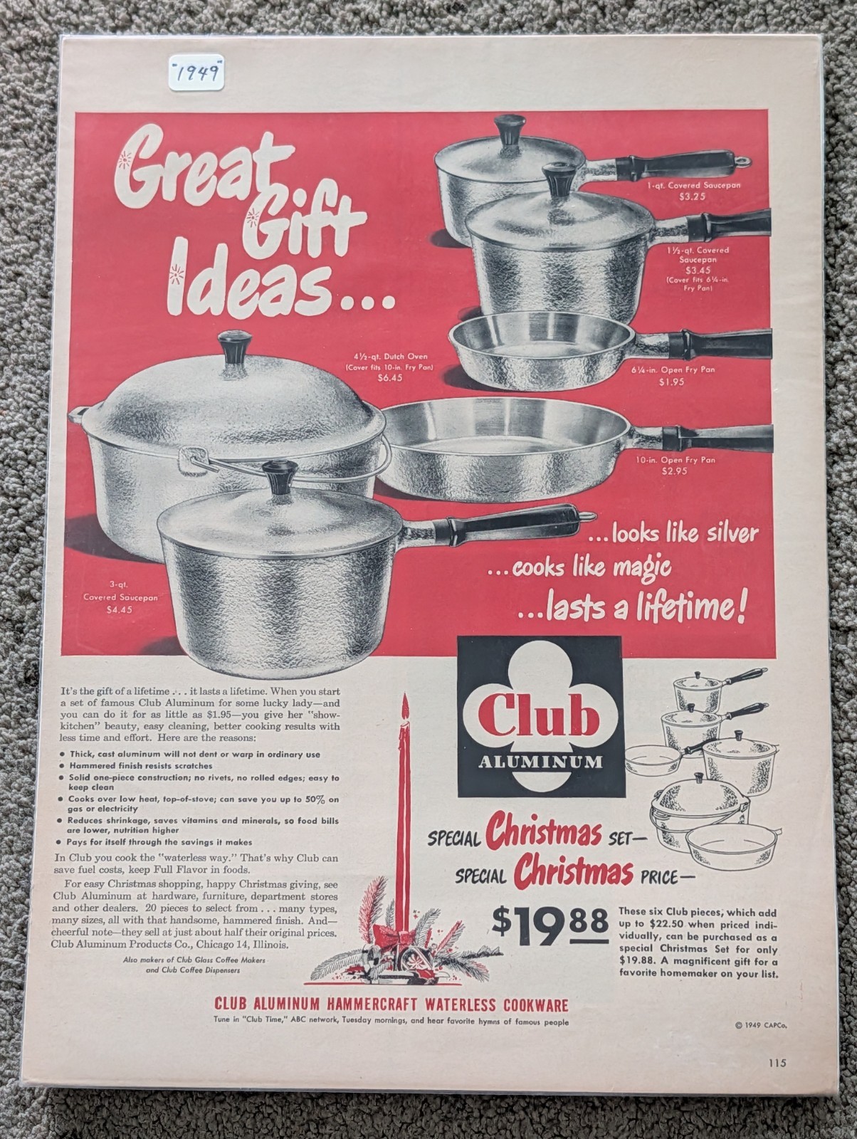 1949 VTG Original Magazine Ad Club Aluminum Pots Dishes Great Gift Ideas