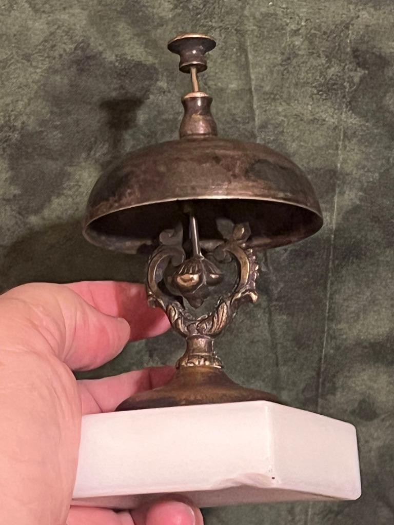 Old Antique Cast Iron & Brass Milk Glass Base Plunger Bellhop Service Call Bell