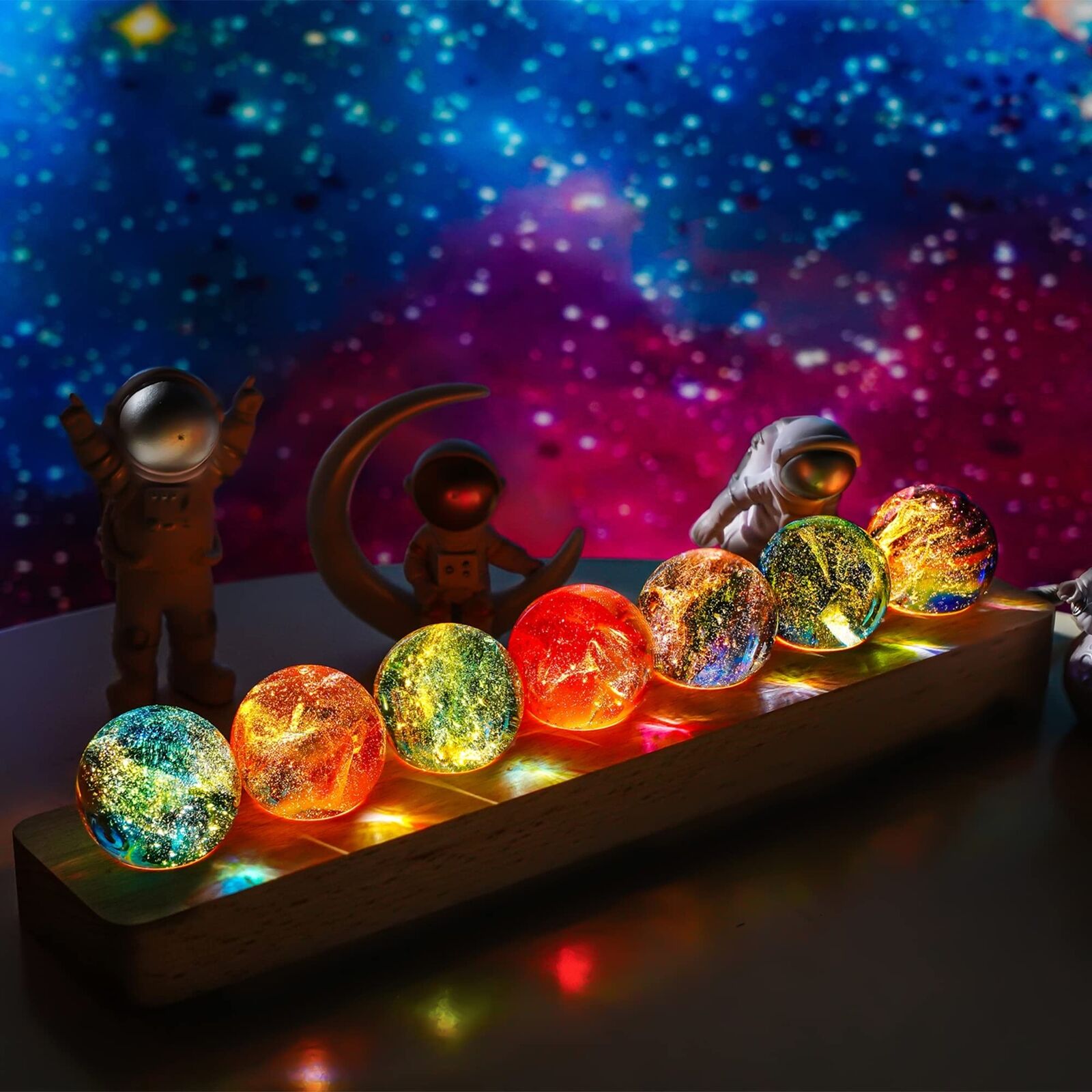KRISININE 7 Chakra Natural Healing Spheres with LED Wooden Stand 40mm Crystal...