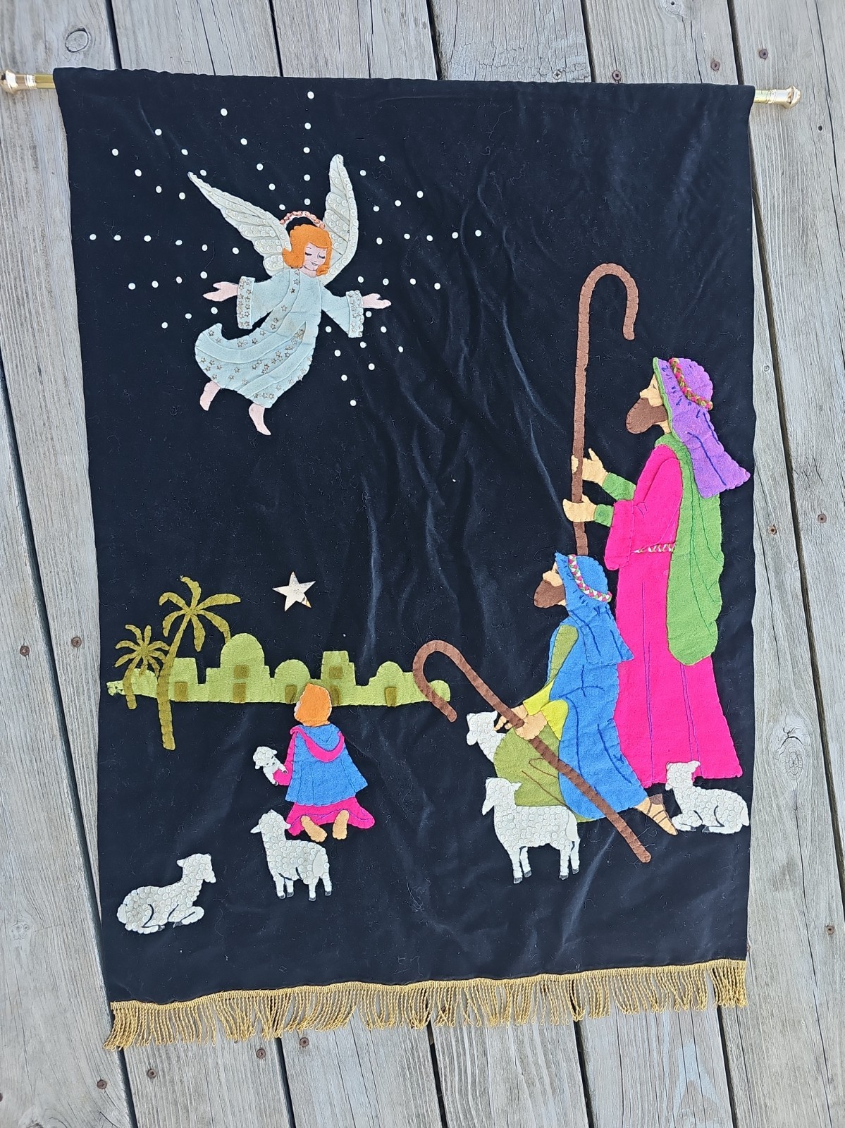 Vintage Edna Looney Nativity Shepherds Velvet Felt Xmas Wall Hanging Complete Vintage Edna Looney Nativity Shepherds Velvet Felt Xmas Wall Hanging Complete