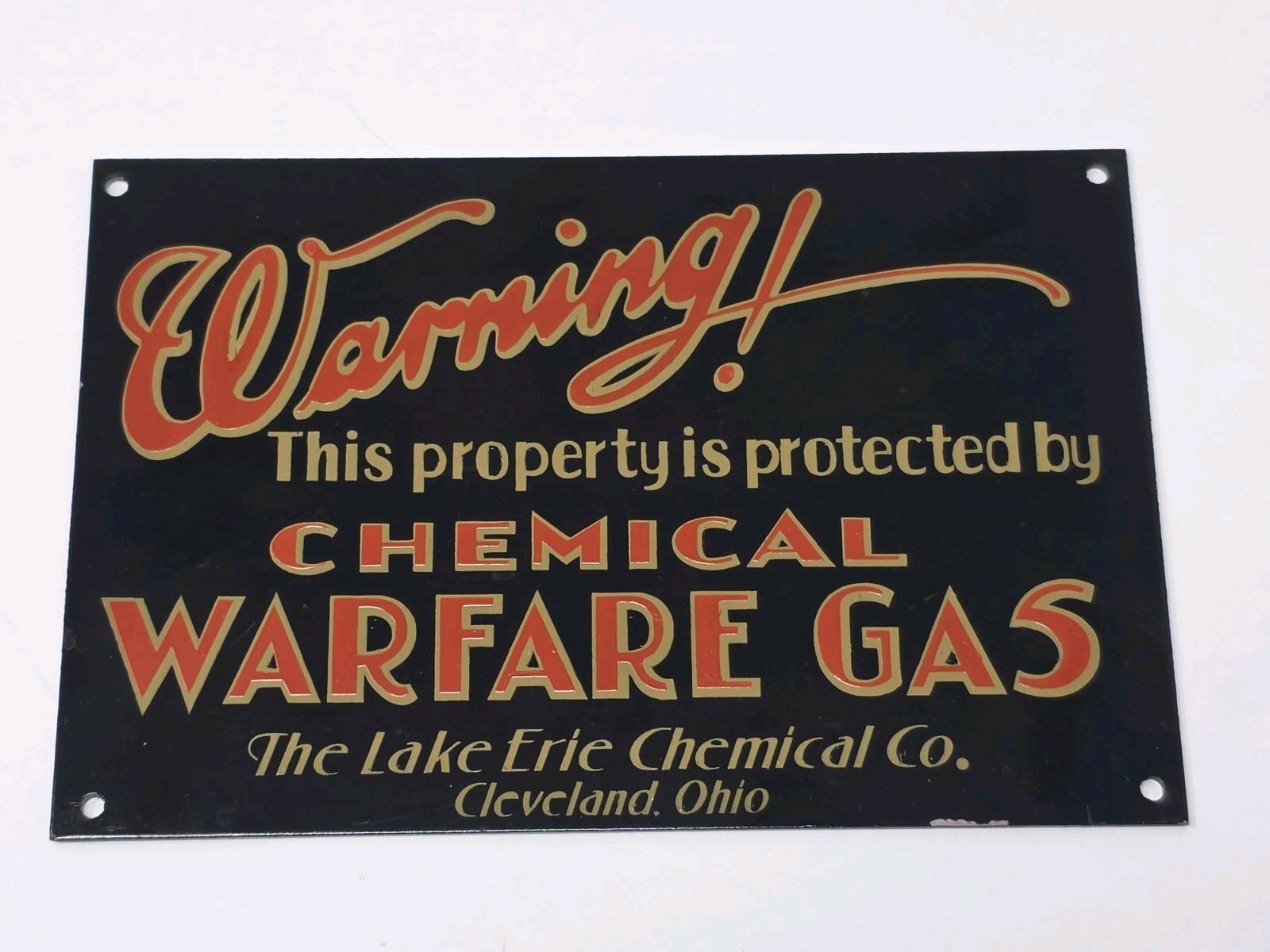 Original U.S. Pre WWII Era Lake Erie Chemical Company Chemical Warfare Gas Sign