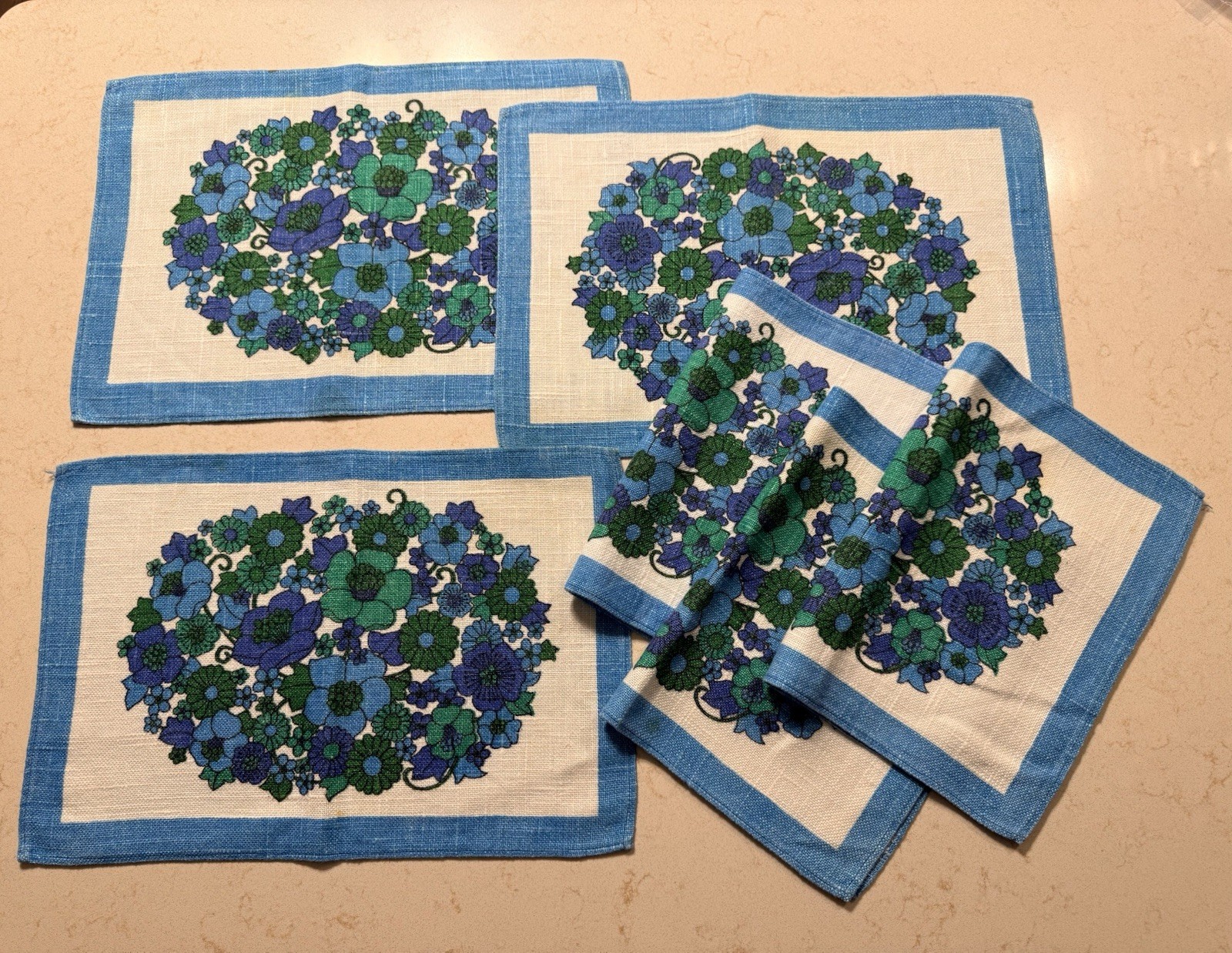 Vintage Boho Retro Flower Power Placemats x 6 Purple Blue and Green