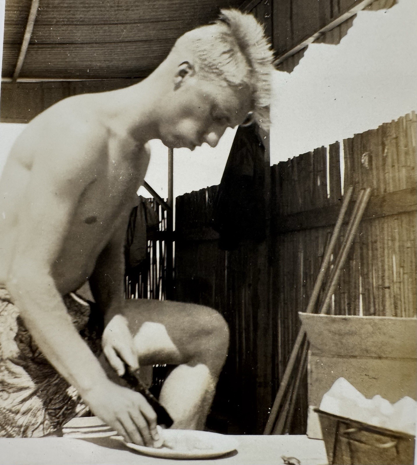 Vtg Photo Young Shirtless Man With Blond Mohawk-Shorts-Gay Int