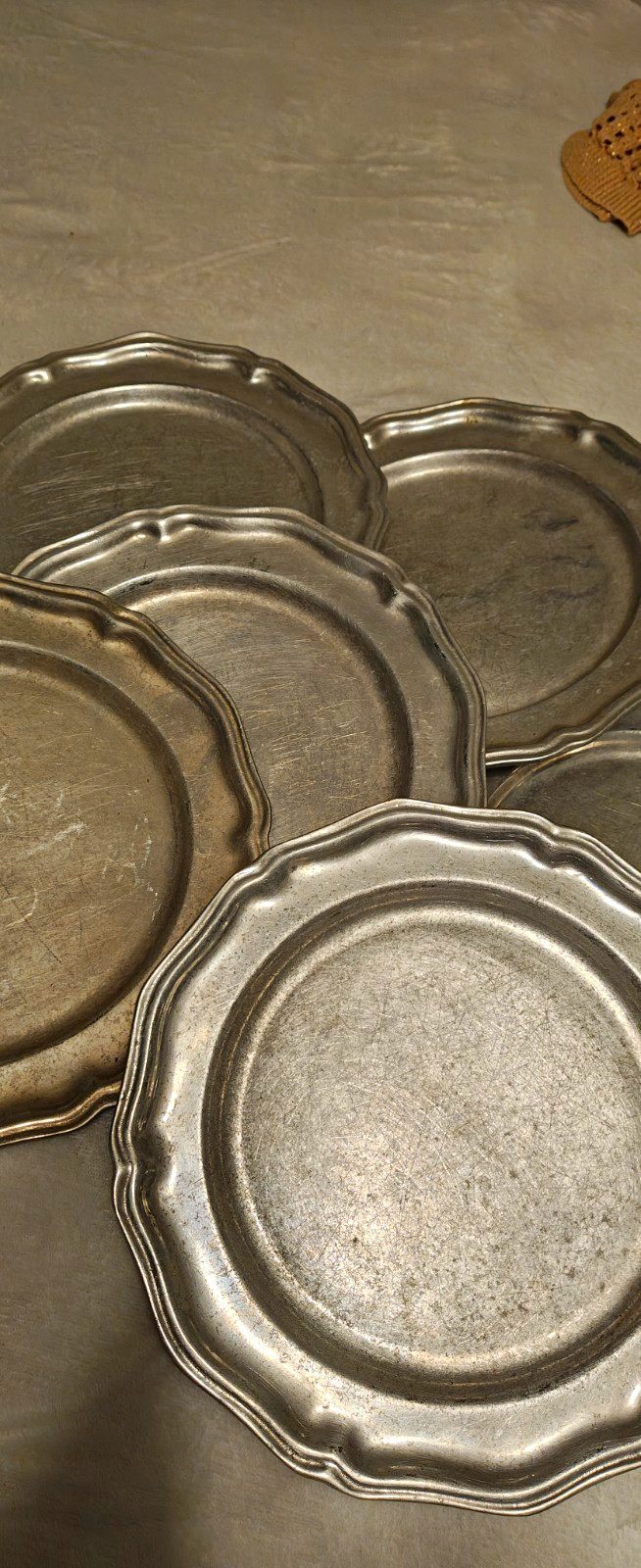 . Title: Set of 6 Vintage Wilton Armetale RWP Pewter Charger Plates, Scalloped